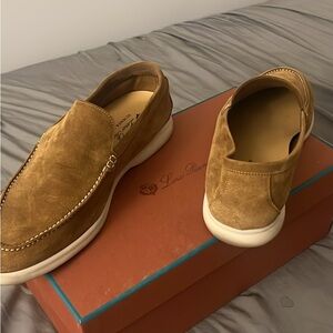 Loro Piana Tan Loafers Slip-Ons with Suede Material and White Rubber Sole